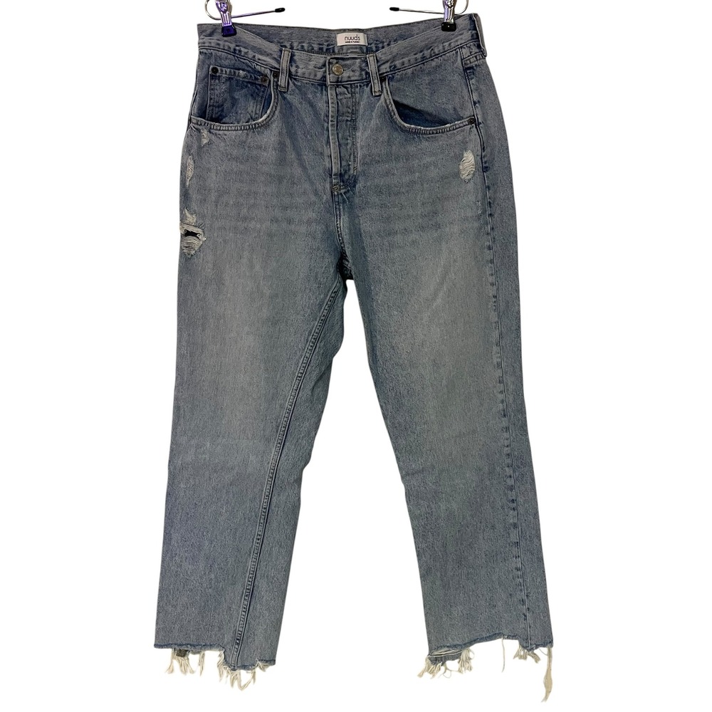 Nuuds Womens Distressed Straight Leg Jeans Light Wash Raw Hem Grunge Casual 30